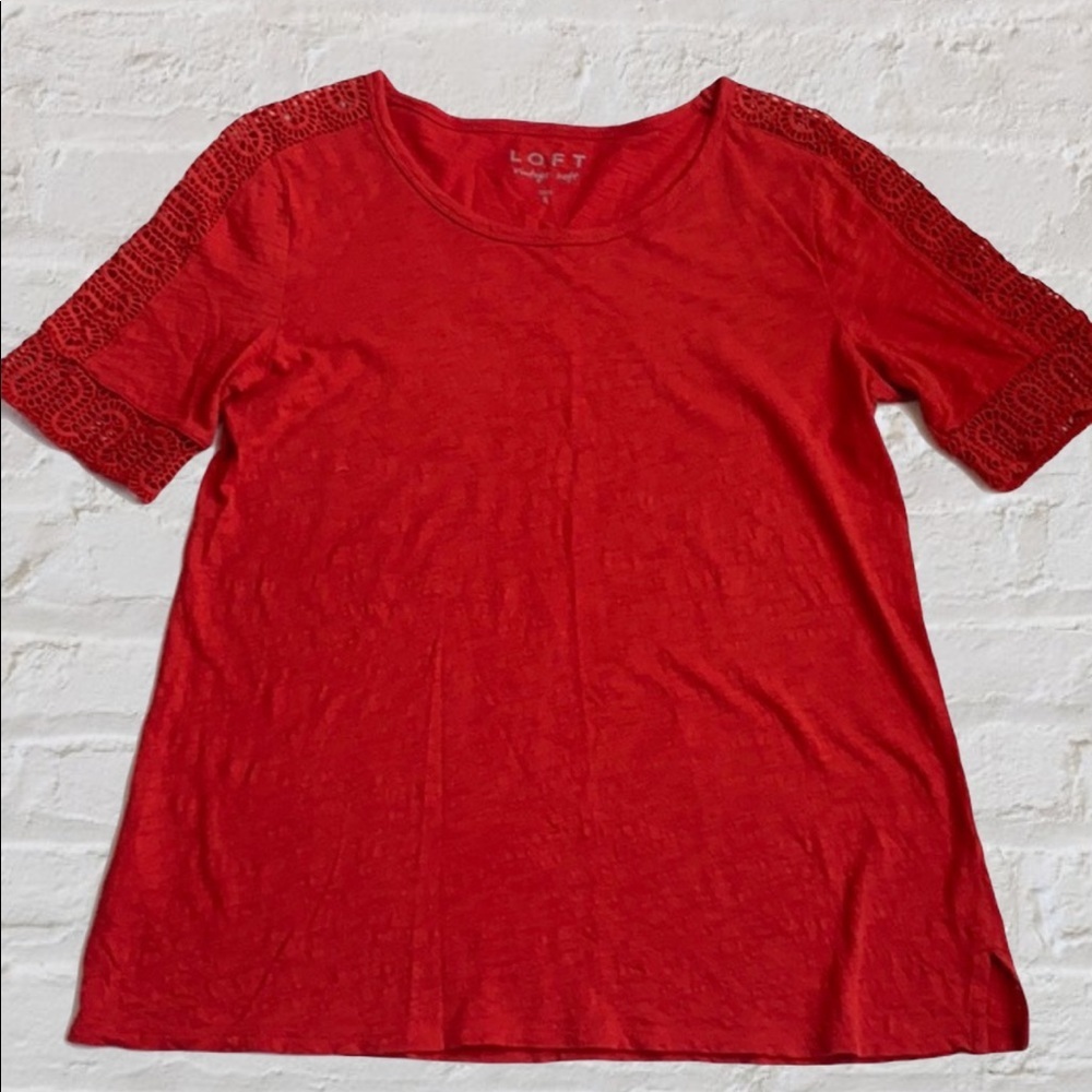 Loft Red Shirt Crochet Detail Women’s Small S Short Sleeve Blouse